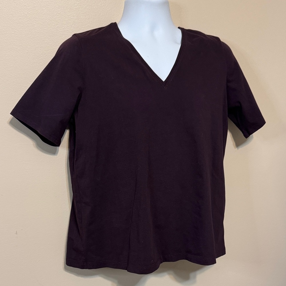 Eileen Fisher Men's V-Neck Short Sleeve Tee in Deep Plum. Size Medium